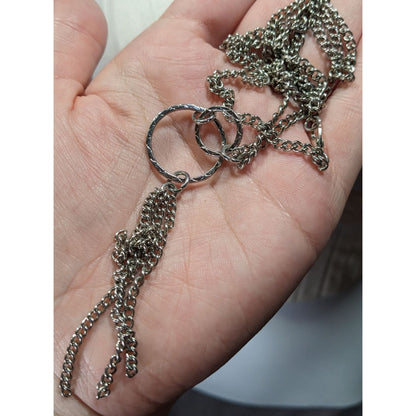 Geometric Multi Ring Silver Tone Tassel Pendant Necklace