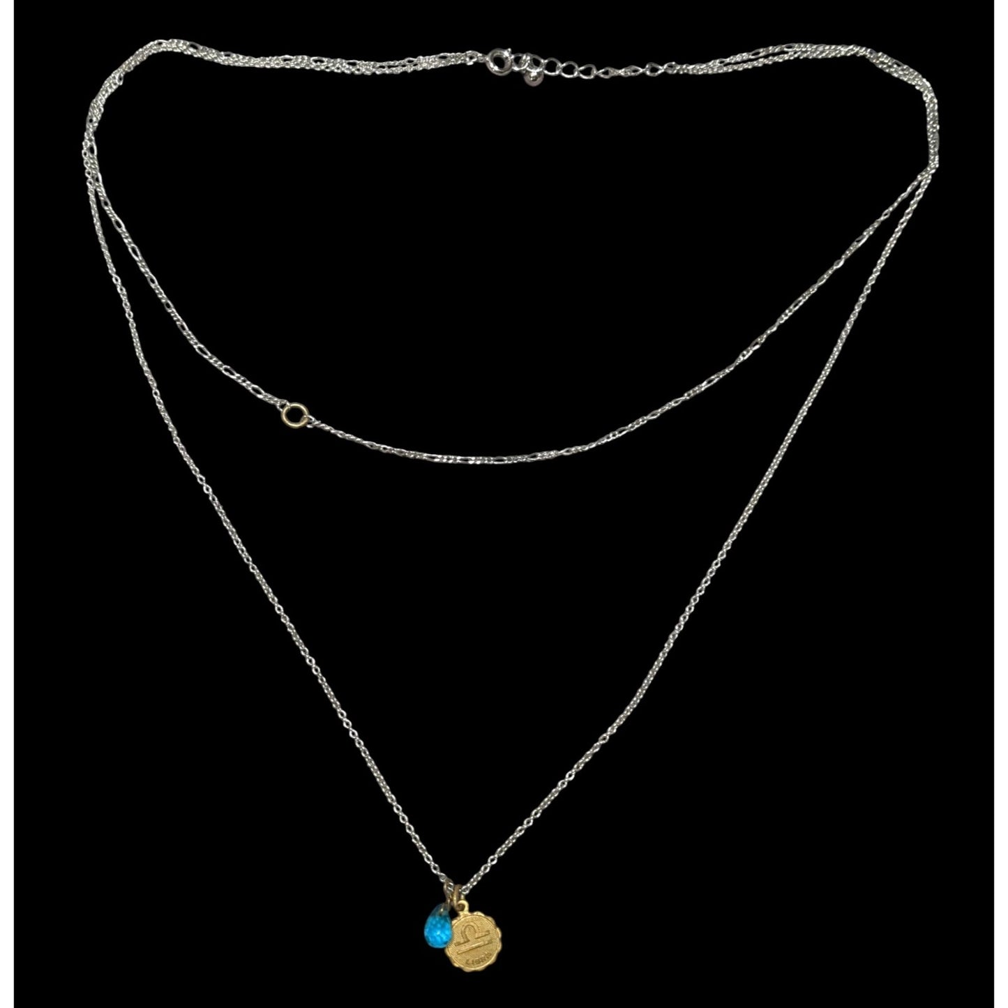 Libra Zodiac Layered Necklace With Gold Tone Pendant & Blue Bead On Silver Chain