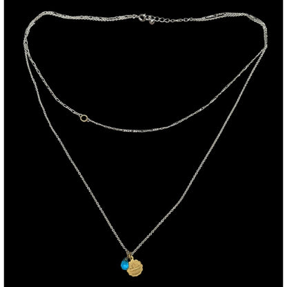 Libra Zodiac Layered Necklace With Gold Tone Pendant & Blue Bead On Silver Chain