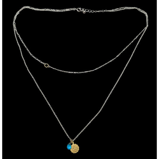 Libra Zodiac Layered Necklace With Gold Tone Pendant & Blue Bead On Silver Chain