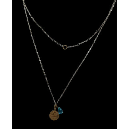 Libra Zodiac Layered Necklace With Gold Tone Pendant & Blue Bead On Silver Chain
