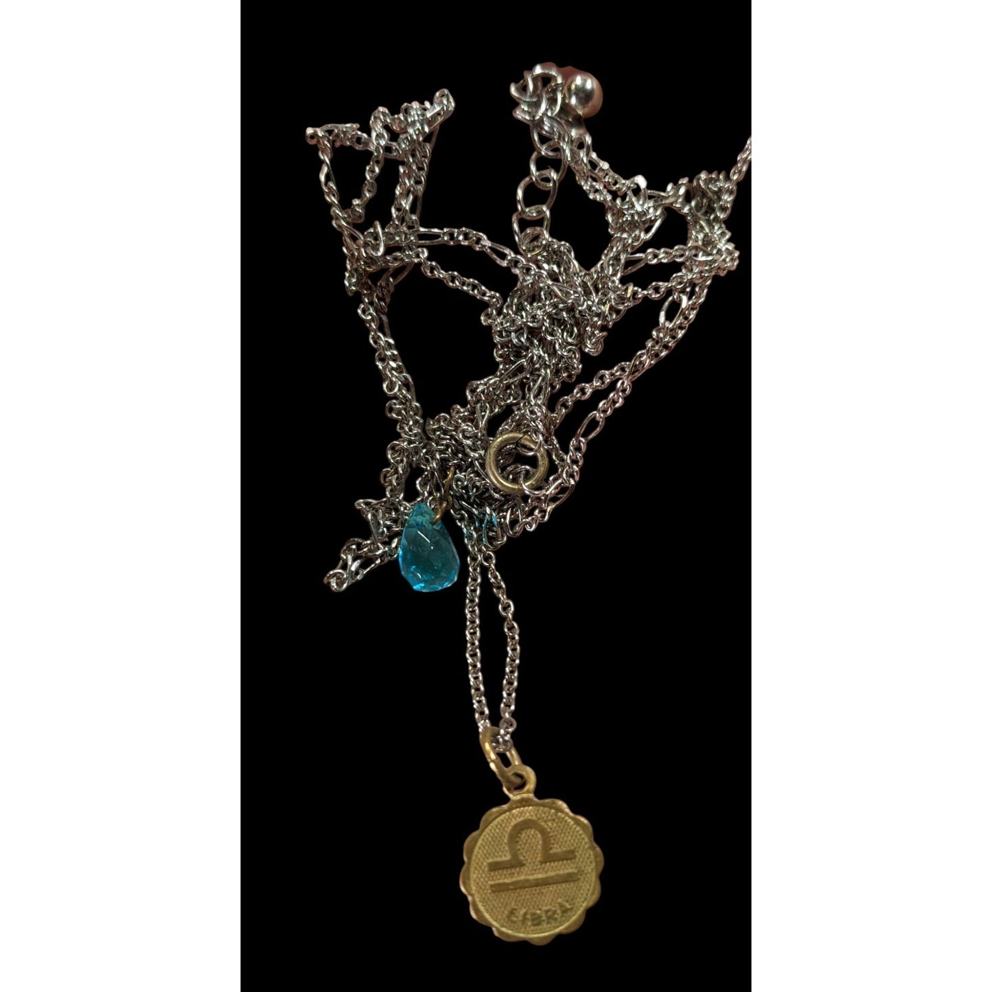 Libra Zodiac Layered Necklace With Gold Tone Pendant & Blue Bead On Silver Chain