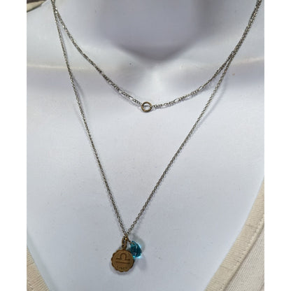 Libra Zodiac Layered Necklace With Gold Tone Pendant & Blue Bead On Silver Chain