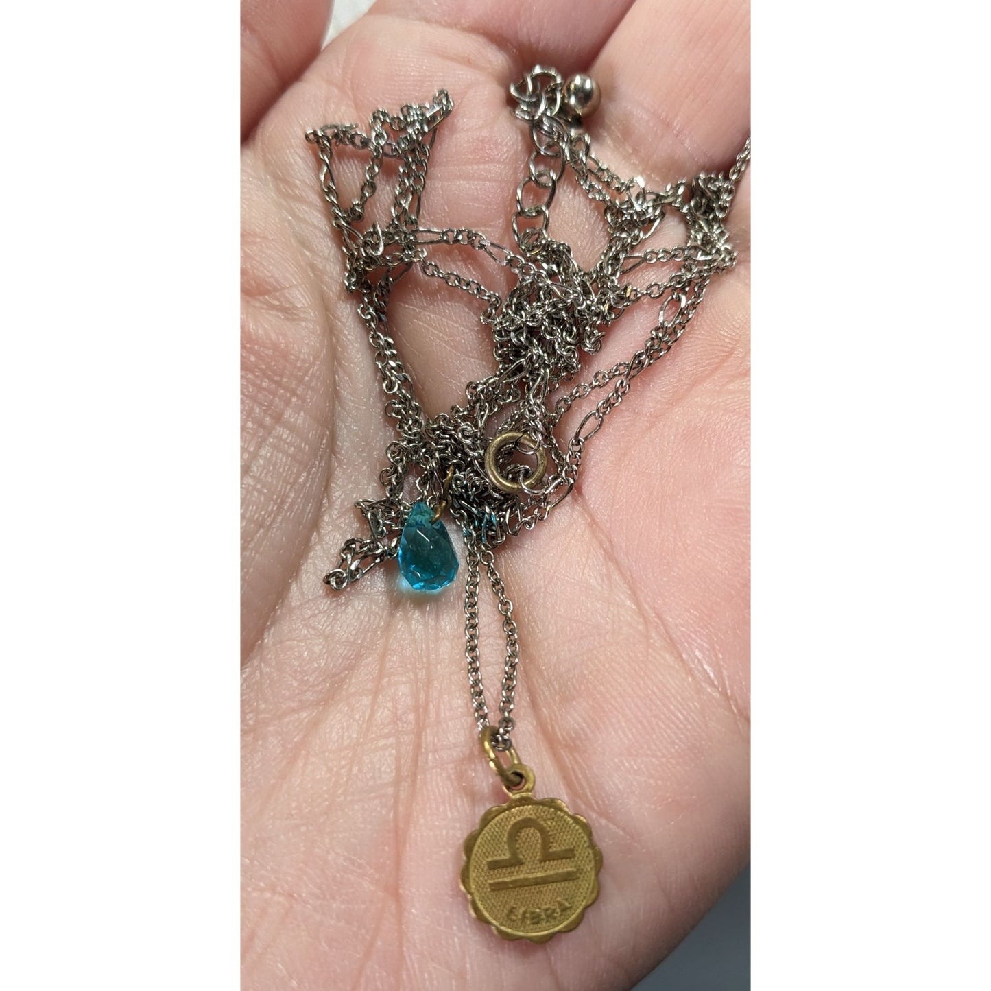 Libra Zodiac Layered Necklace With Gold Tone Pendant & Blue Bead On Silver Chain