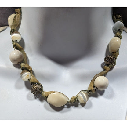 Liz Claiborne Beige And White Beaded Ribbon Necklace