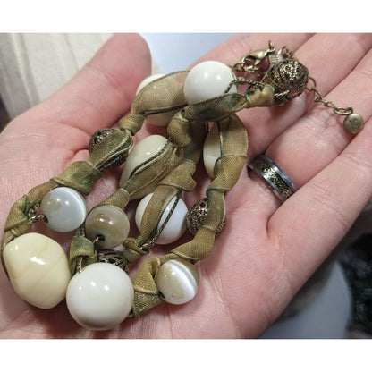 Liz Claiborne Beige And White Beaded Ribbon Necklace