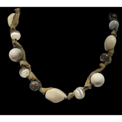 Liz Claiborne Beige And White Beaded Ribbon Necklace