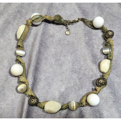 Liz Claiborne Beige And White Beaded Ribbon Necklace