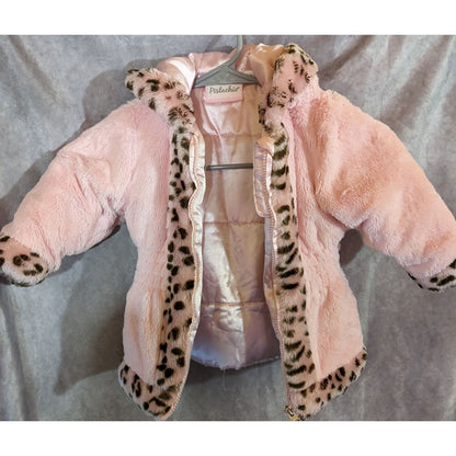 Pistachio Pink Faux Fur Coat 24 Months With Hood & Leopard Trim