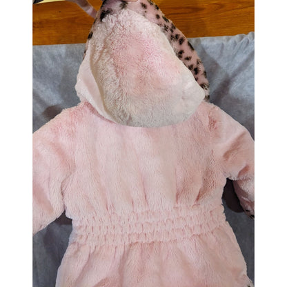 Pistachio Pink Faux Fur Coat 24 Months With Hood & Leopard Trim