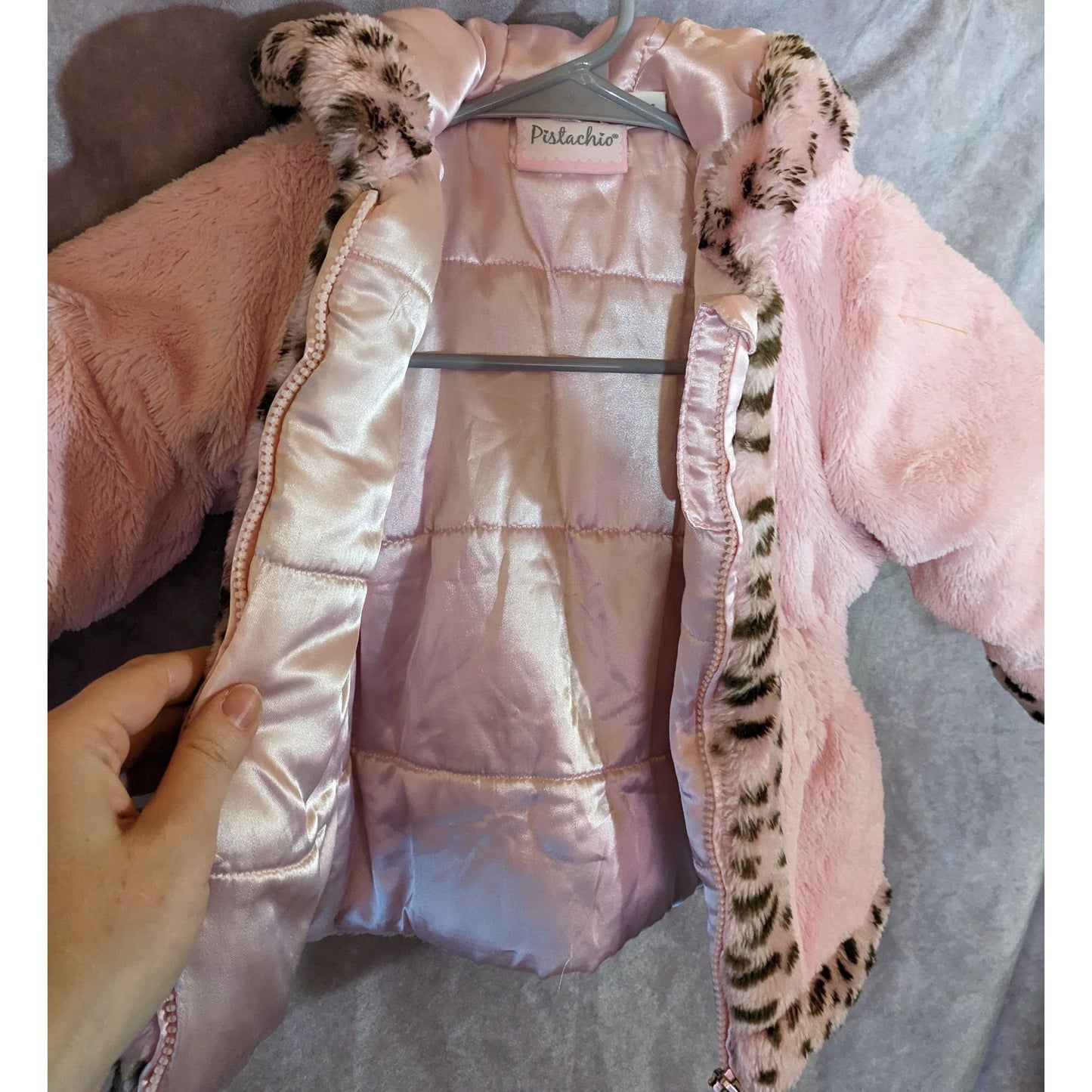 Pistachio Pink Faux Fur Coat 24 Months With Hood & Leopard Trim