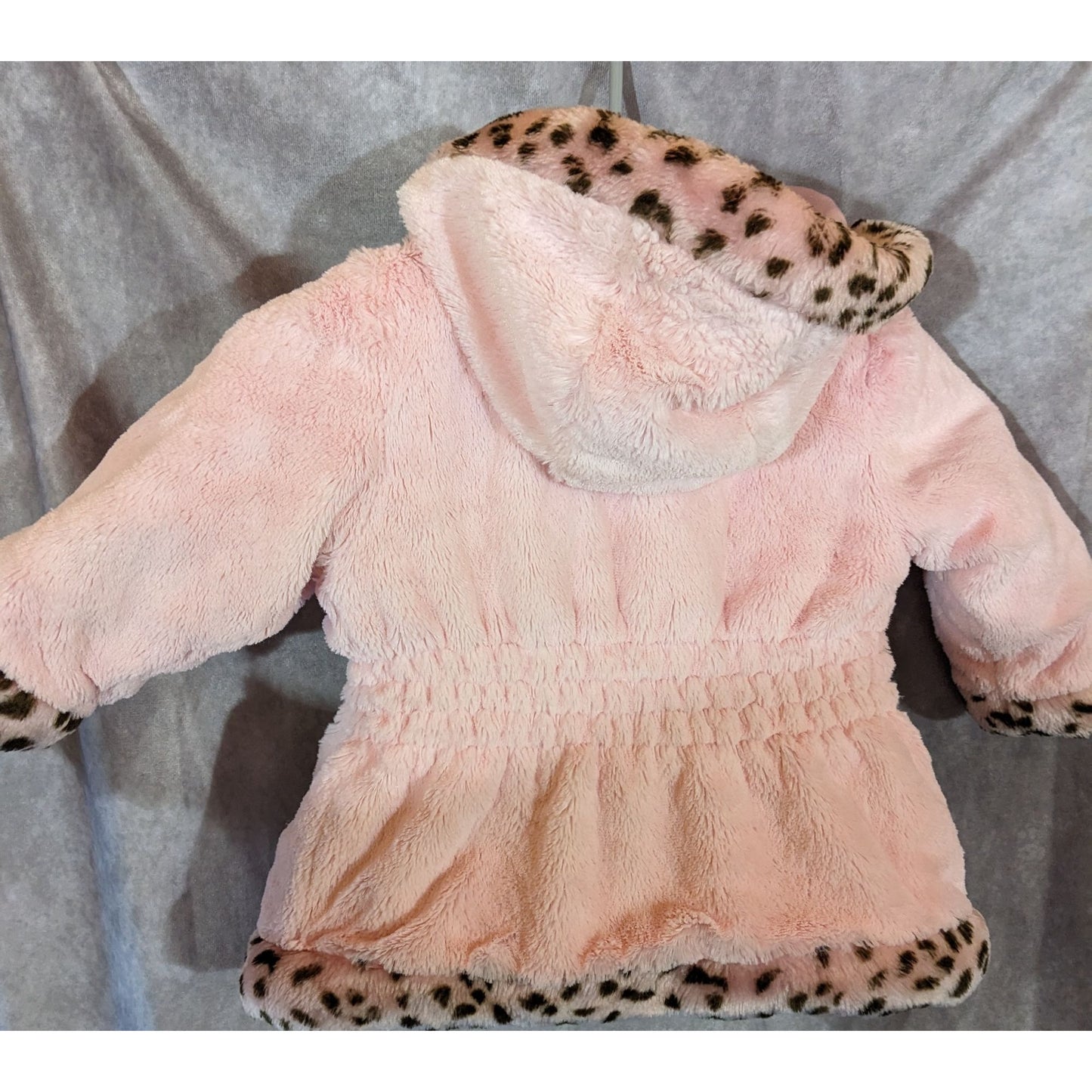 Pistachio Pink Faux Fur Coat 24 Months With Hood & Leopard Trim