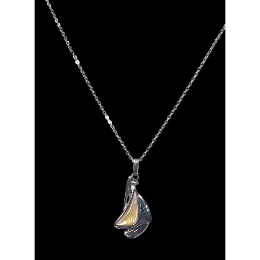 Preppy Nautical Silver Tone Sailboat Pendant Necklace With Shell Inlay