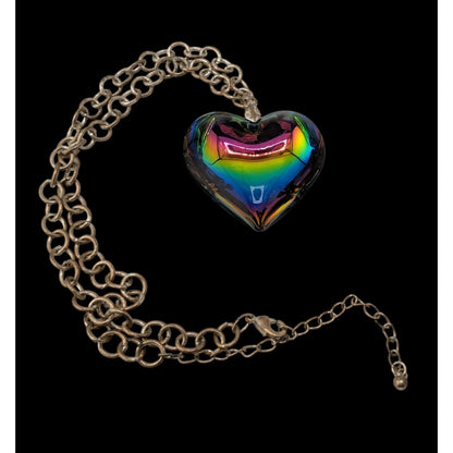 Vintage Rainbow Iridescent Art Glass Heart Necklace