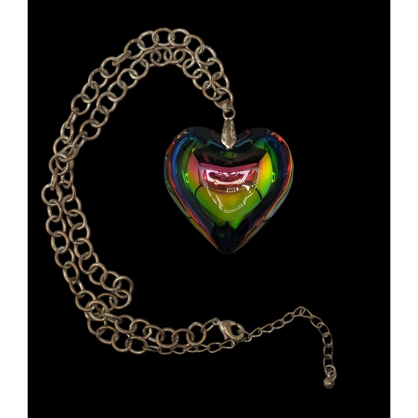 Vintage Rainbow Iridescent Art Glass Heart Necklace