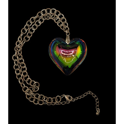 Vintage Rainbow Iridescent Art Glass Heart Necklace