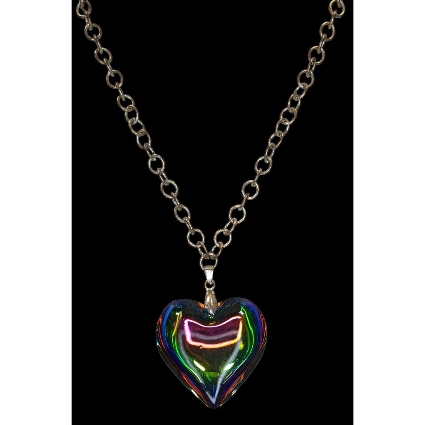Vintage Rainbow Iridescent Art Glass Heart Necklace