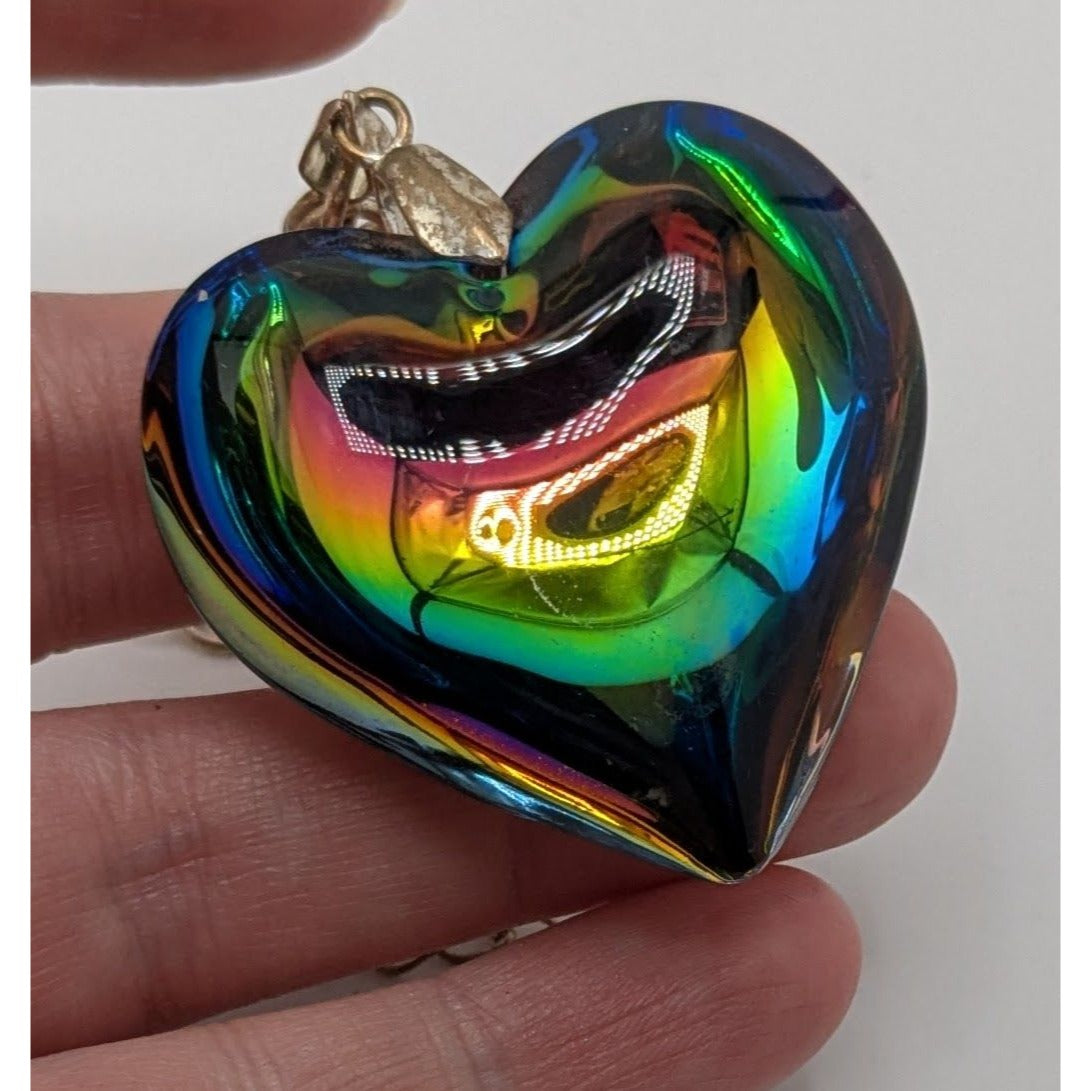 Vintage Rainbow Iridescent Art Glass Heart Necklace