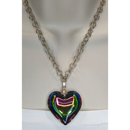 Vintage Rainbow Iridescent Art Glass Heart Necklace