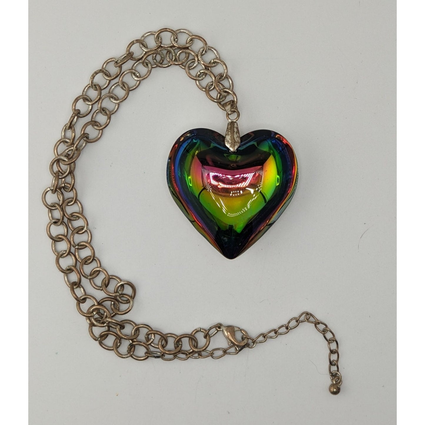 Vintage Rainbow Iridescent Art Glass Heart Necklace