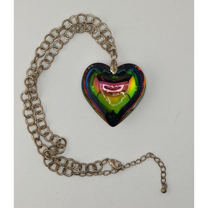 Vintage Rainbow Iridescent Art Glass Heart Necklace