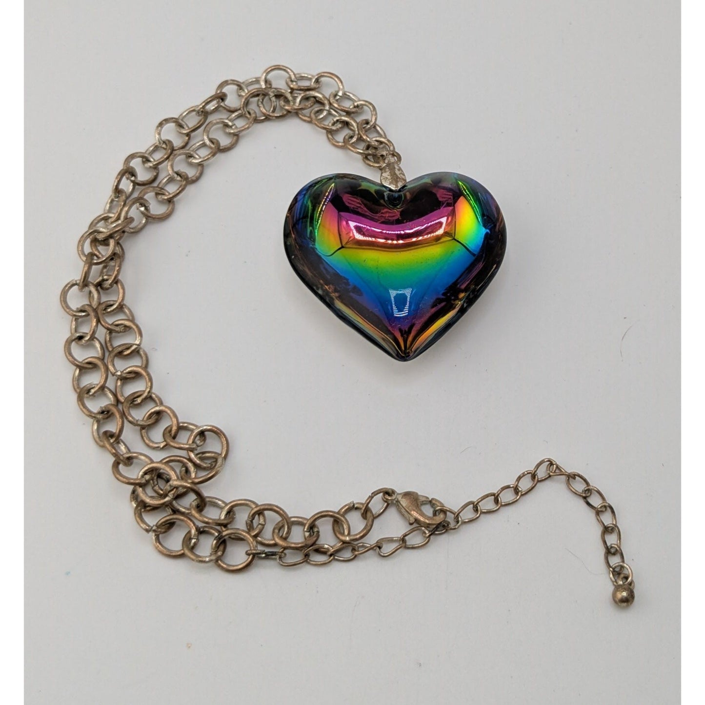 Vintage Rainbow Iridescent Art Glass Heart Necklace