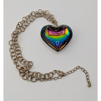 Vintage Rainbow Iridescent Art Glass Heart Necklace