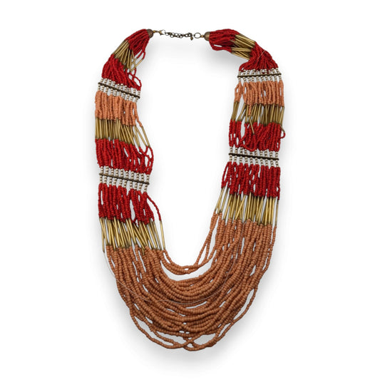 Boho Tribal Multistrand Seed Bead Necklace Red Terracotta Gold Tone Statement