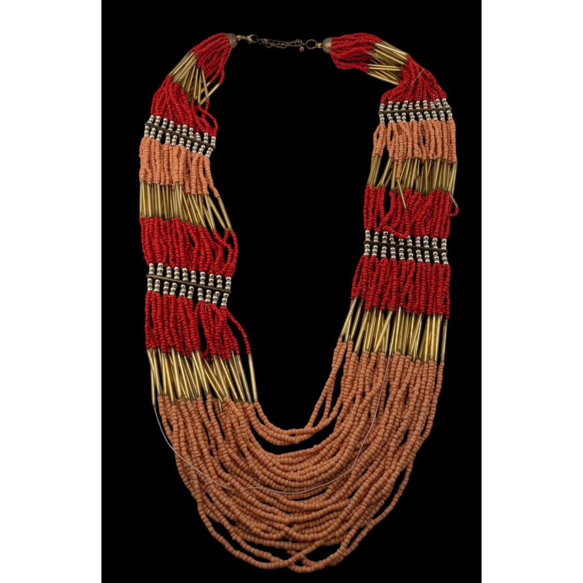 Boho Tribal Multistrand Seed Bead Necklace Red Terracotta Gold Tone Statement