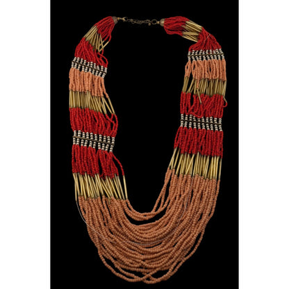 Boho Tribal Multistrand Seed Bead Necklace Red Terracotta Gold Tone Statement
