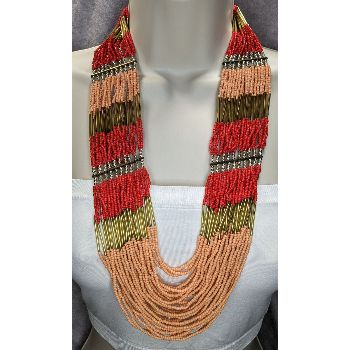 Boho Tribal Multistrand Seed Bead Necklace Red Terracotta Gold Tone Statement