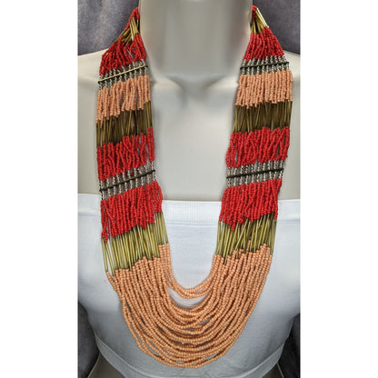 Boho Tribal Multistrand Seed Bead Necklace Red Terracotta Gold Tone Statement