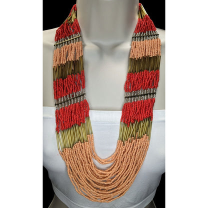 Boho Tribal Multistrand Seed Bead Necklace Red Terracotta Gold Tone Statement
