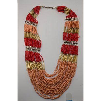 Boho Tribal Multistrand Seed Bead Necklace Red Terracotta Gold Tone Statement