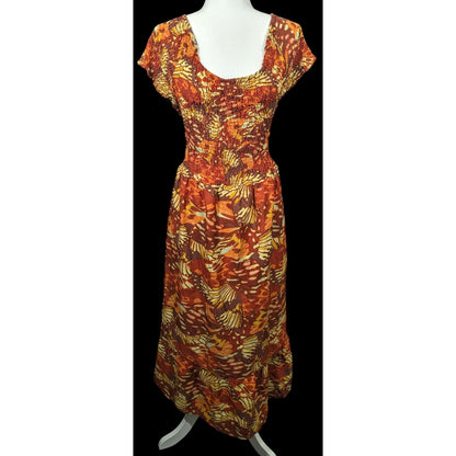 Bohemian Butterfly Ruched Brown And Orange Peasant Dress