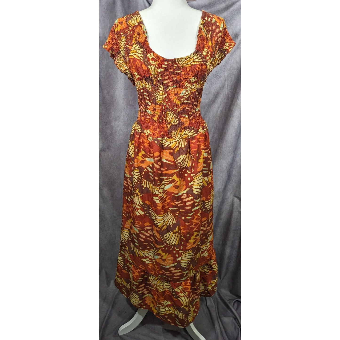 Bohemian Butterfly Ruched Brown And Orange Peasant Dress