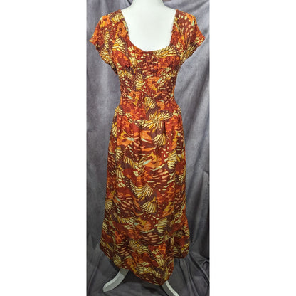 Bohemian Butterfly Ruched Brown And Orange Peasant Dress