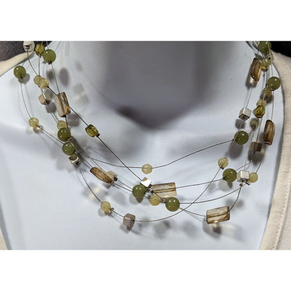 Vintage VJ Green And Silver Tone Floating Beaded Necklace