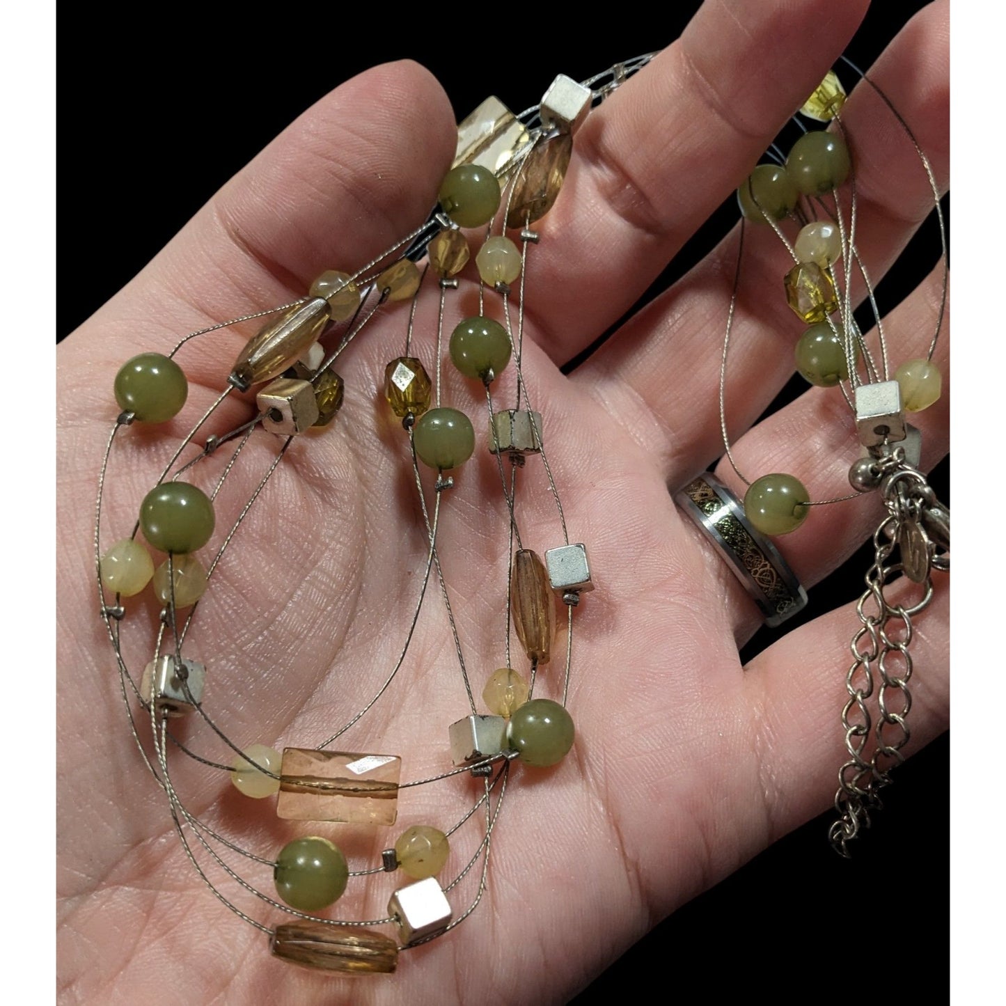 Vintage VJ Green And Silver Tone Floating Beaded Necklace