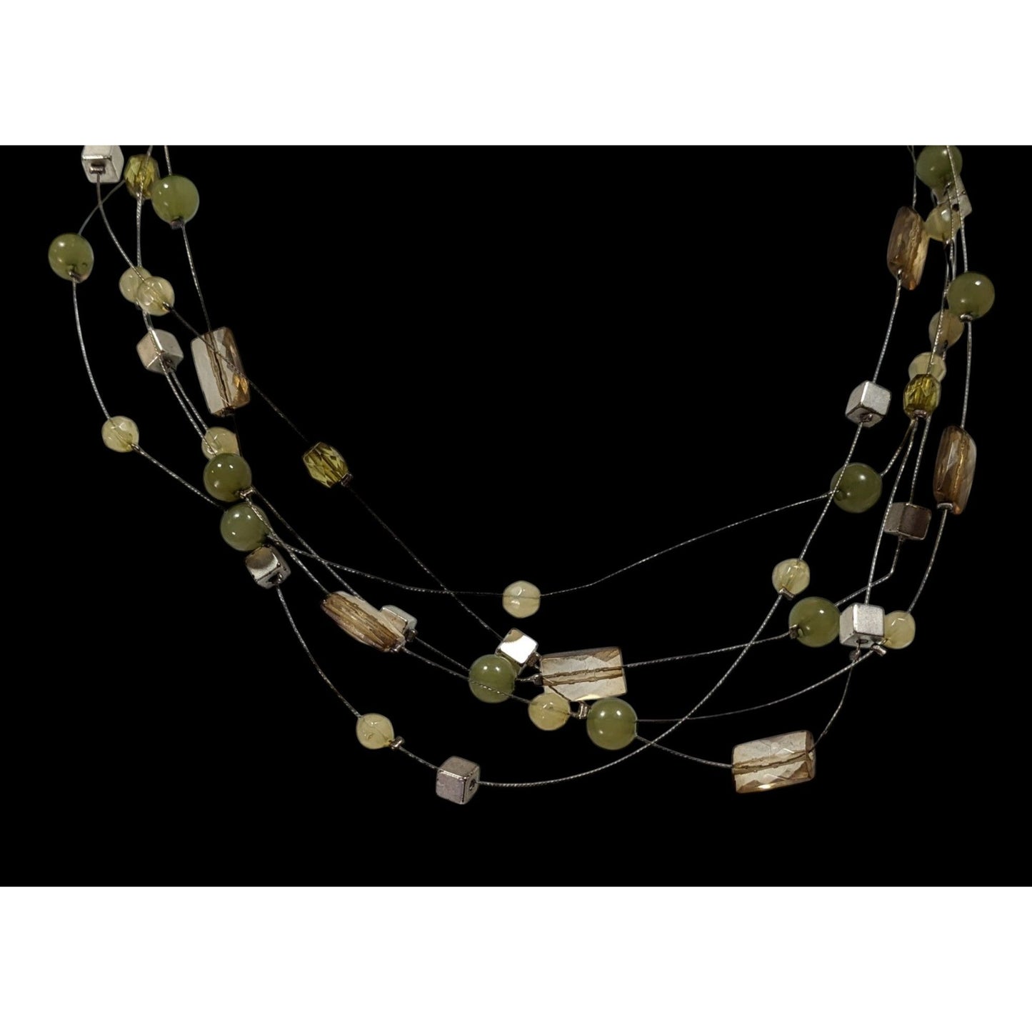 Vintage VJ Green And Silver Tone Floating Beaded Necklace
