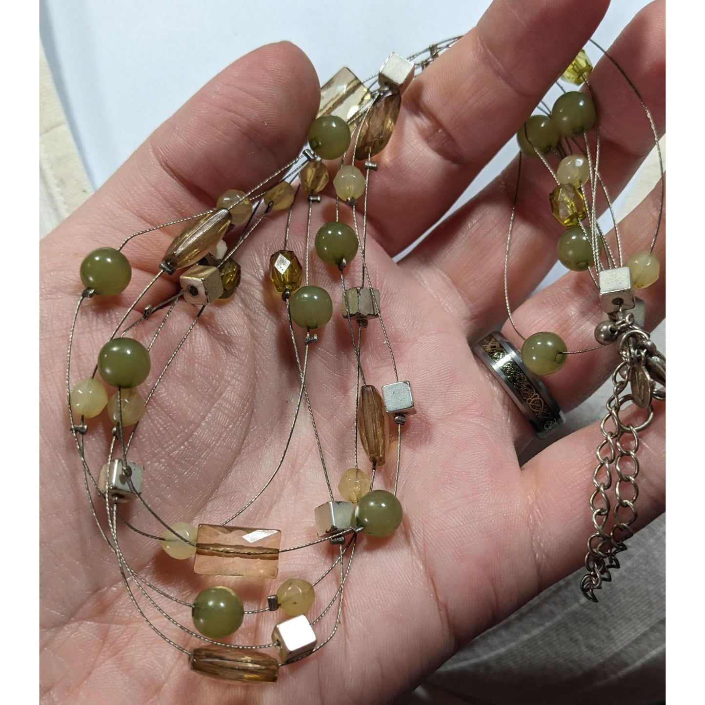 Vintage VJ Green And Silver Tone Floating Beaded Necklace