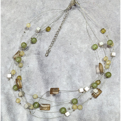 Vintage VJ Green And Silver Tone Floating Beaded Necklace
