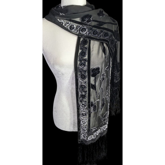 Vintage Gothic Burnt Velvet Floral Scarf With 7-Inch Fringe Trim Sheer Black Paneling