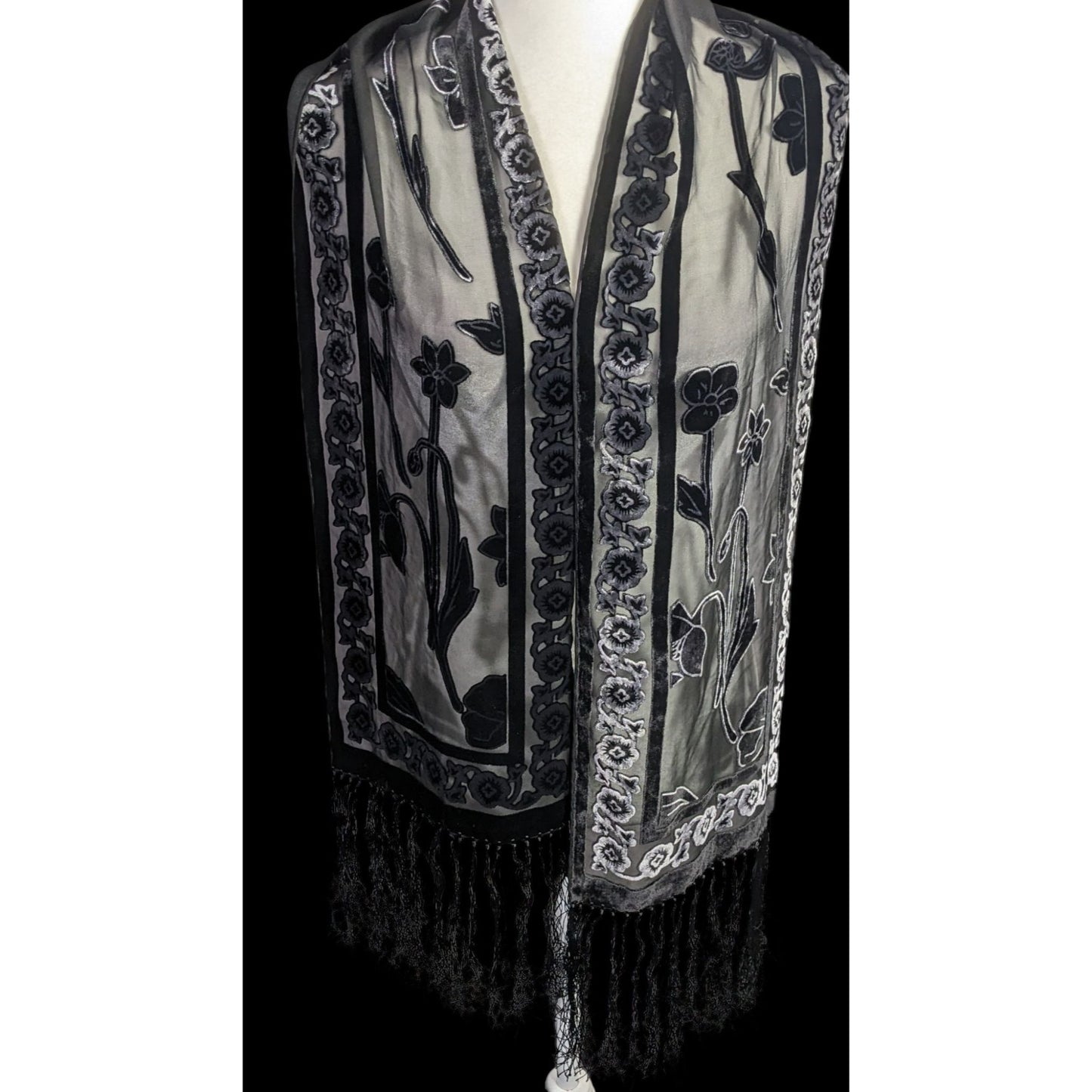 Vintage Gothic Burnt Velvet Floral Scarf With 7-Inch Fringe Trim Sheer Black Paneling
