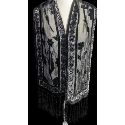 Vintage Gothic Burnt Velvet Floral Scarf With 7-Inch Fringe Trim Sheer Black Paneling