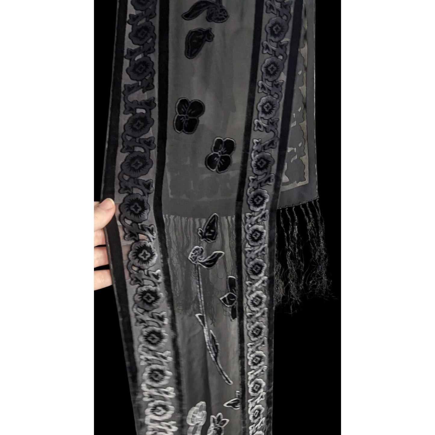 Vintage Gothic Burnt Velvet Floral Scarf With 7-Inch Fringe Trim Sheer Black Paneling