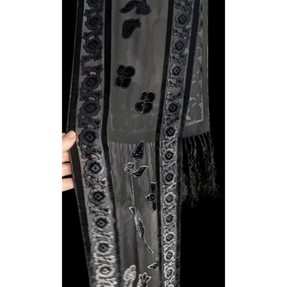 Vintage Gothic Burnt Velvet Floral Scarf With 7-Inch Fringe Trim Sheer Black Paneling