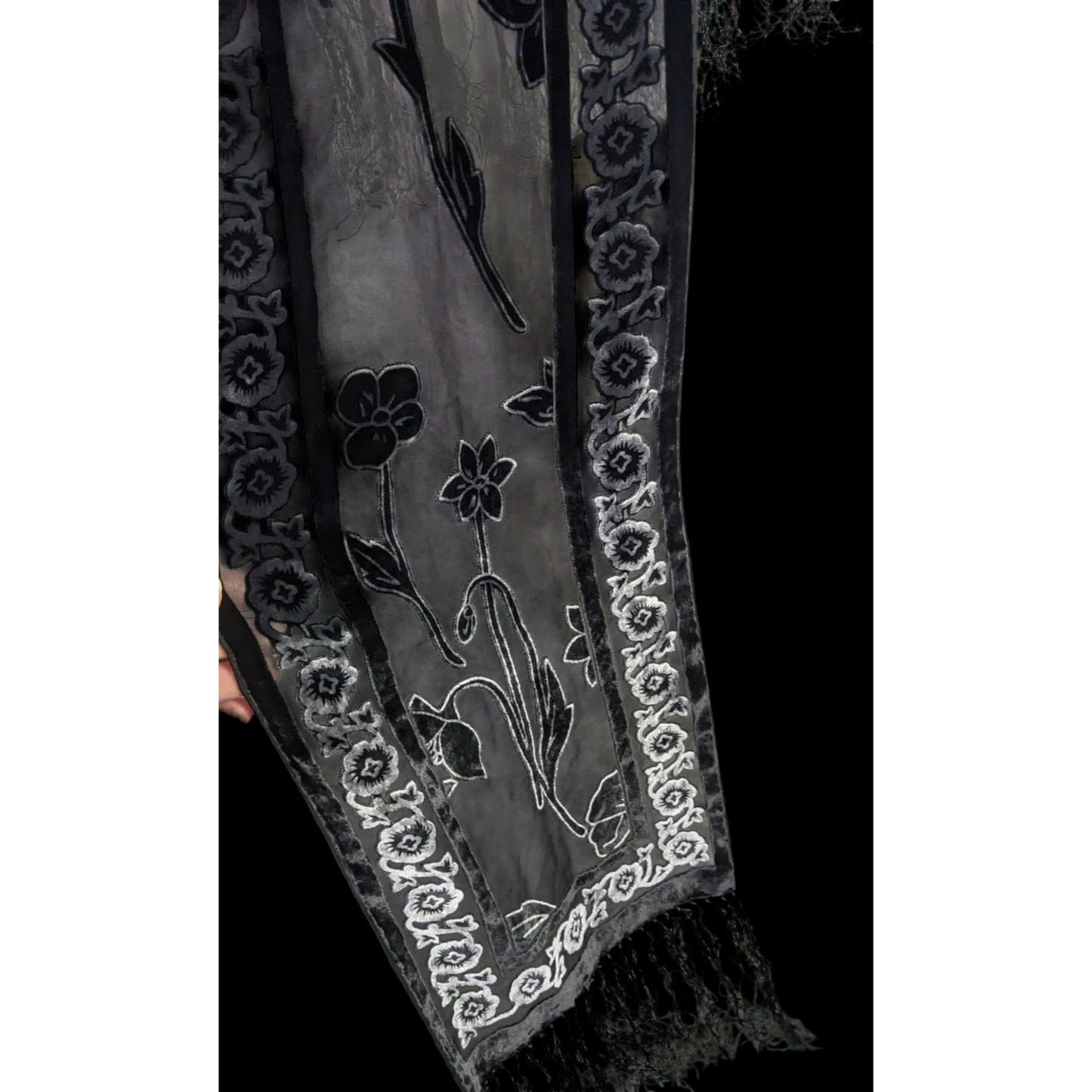 Vintage Gothic Burnt Velvet Floral Scarf With 7-Inch Fringe Trim Sheer Black Paneling