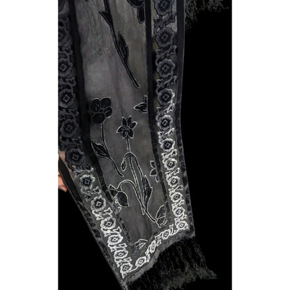 Vintage Gothic Burnt Velvet Floral Scarf With 7-Inch Fringe Trim Sheer Black Paneling