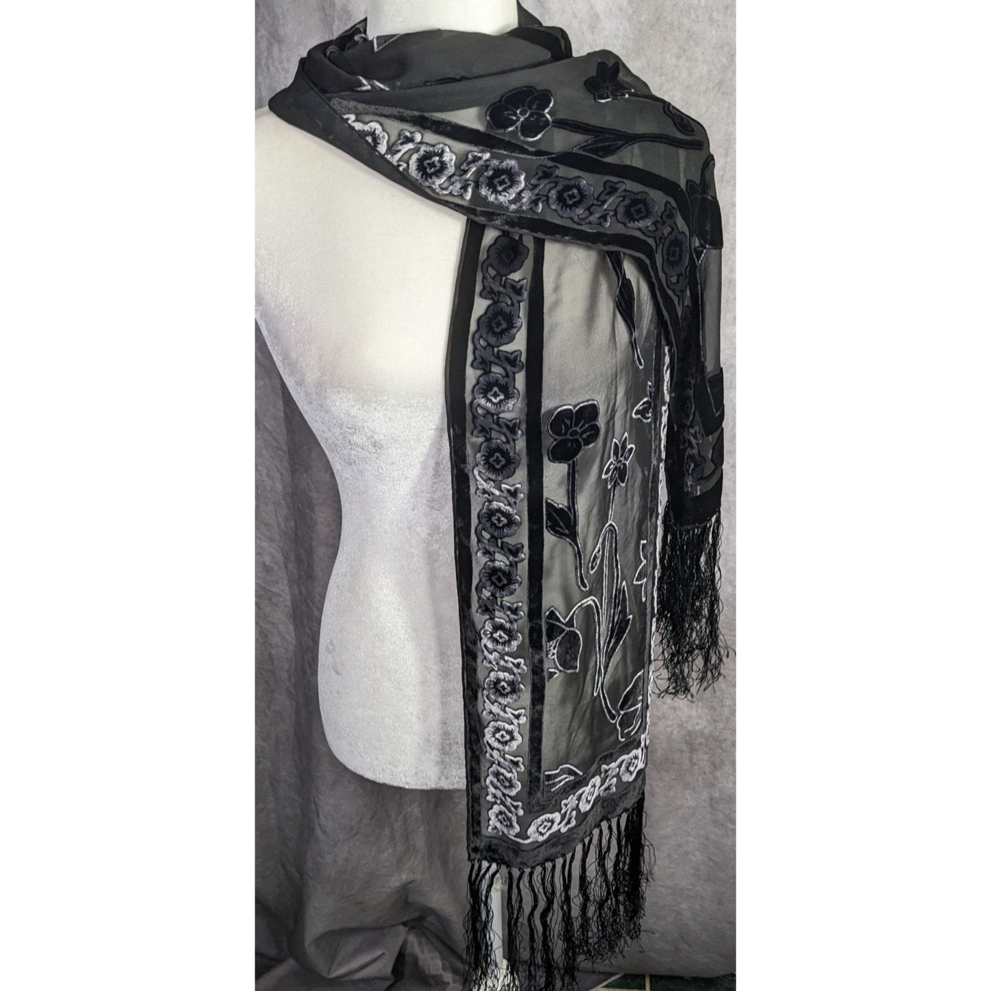 Vintage Gothic Burnt Velvet Floral Scarf With 7-Inch Fringe Trim Sheer Black Paneling